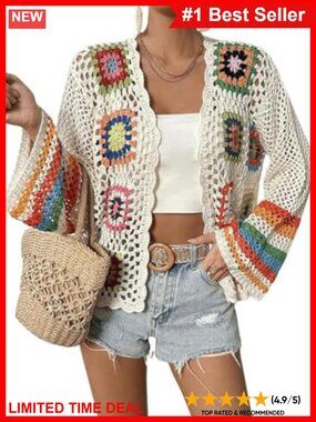 Crochet Cardigan Women's Boho Open Front Long Sleeve Sweater